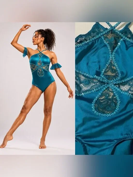 Competition Custom solo contemporary Dance Costume teal illusion SA Small adult
