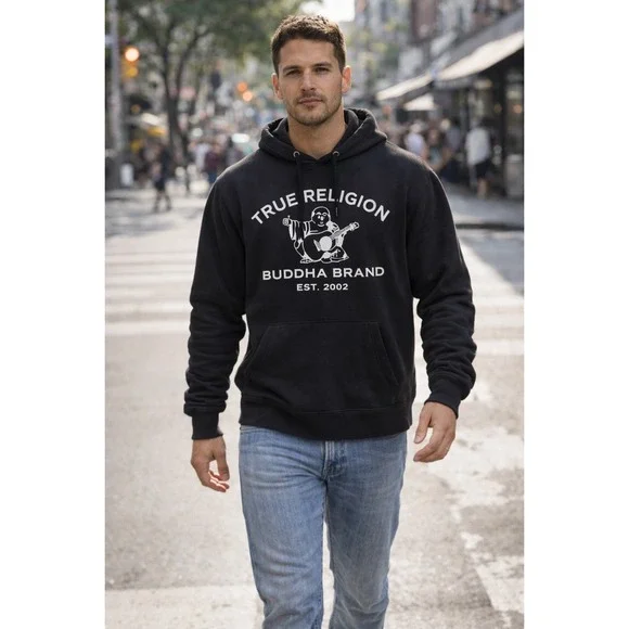 True Religion Buddha Brand Black Hoodie Sweatshirt‎ Est 2002 Mens Size XL