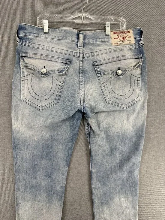 True Religion Jeans Mens 38x25 Blue Denim Pants Embroidered Flap Pockets Fade