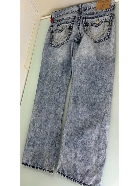 True Religion Acid Wash jeans Mens 34X33 Straight 100% Cotton Flap Pockets Y2K