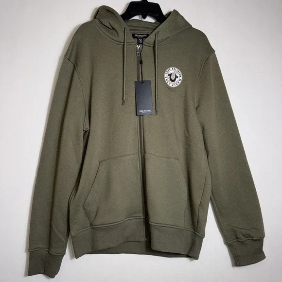 True Religion Hoodie Mens M‎ Green Buddha Full Zip Sweatshirt Fleece Sweater NWT