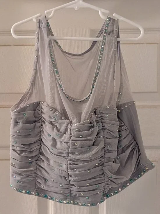 Rhinestone Crystal Gray Mesh Ruched Lyrical Dance Costume Crop Top - Youth