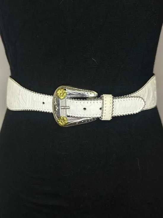White Embossed Western-Style Genuine Leather Belt with Two-Tone Buckle