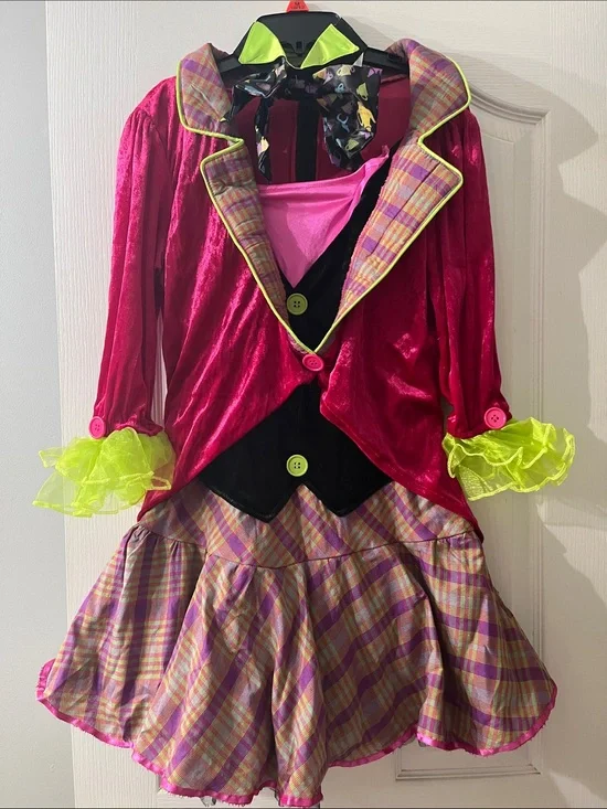 Girls' Neon Pink Plaid Mad Hatter Costume with Lime Accents