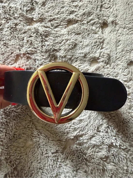 Authentic VALENTINO Black Leather Belt with Gold Logo Text size medium