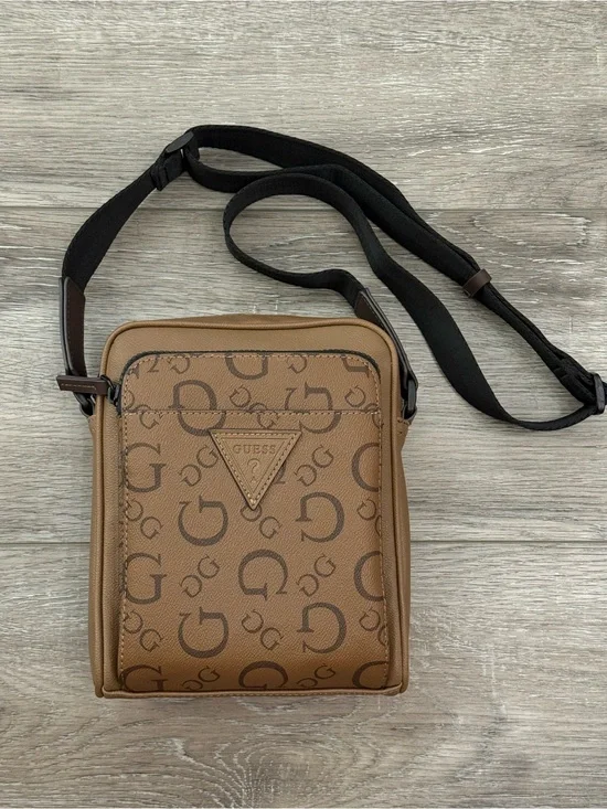 GUESS Men’s Tan/Brown Monogram Messenger Crossbody