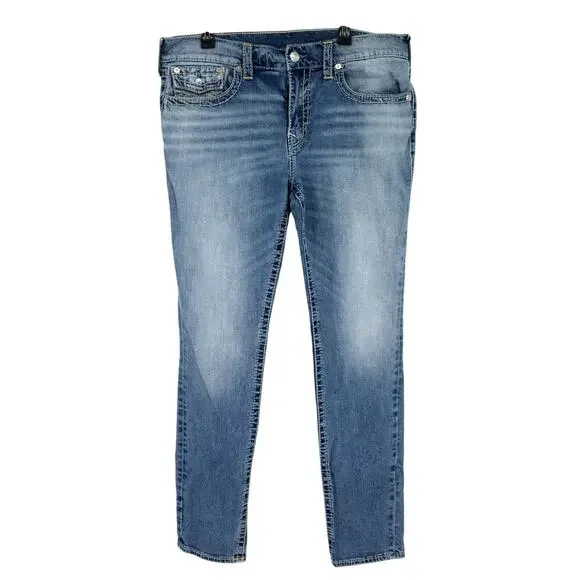 True Religion Jeans Mens 38 x 34 Blue Denim Rocco Relaxed Skinny Flap Pockets