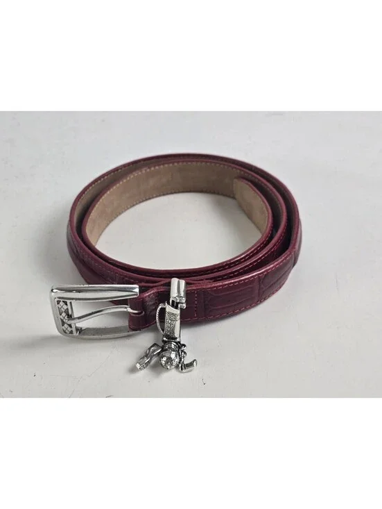 Brighton Red Reptile Embossed Belt Silver Buckle w/Golf Charms  L-34