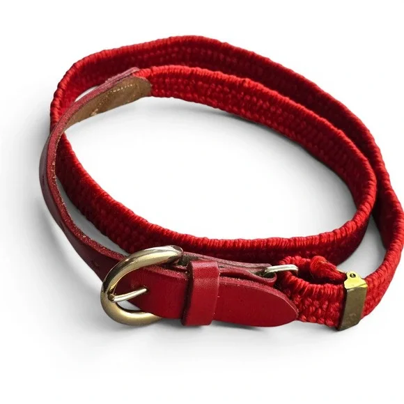 Vintage Red Woven Stretchy Braided Belt Gold Tone Buckle Leather Trim 34