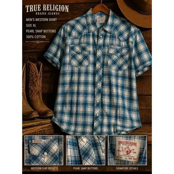 True Religion Men’s XL Blue Plaid Western Pearl Snap Shirt Short Sleeve Button U