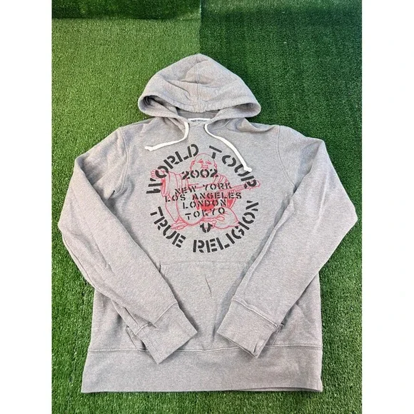 True Religion Mens World Tour 2002 Buddha Graphic Hoodie Gray Medium M Pullover