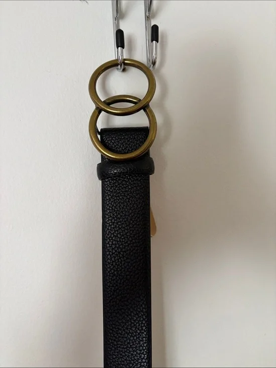 Black Pebbled Leather Belt with Antique Gold Double Rings