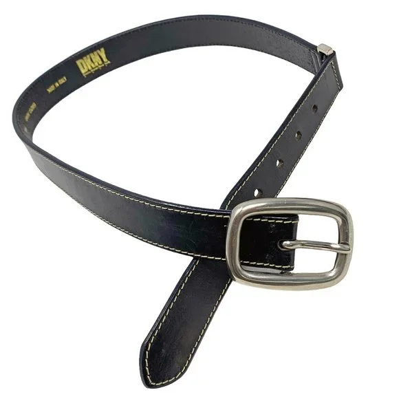 DKNY Donna Karan NY Black Leather with Blue Trim Belt Made in Italy‎