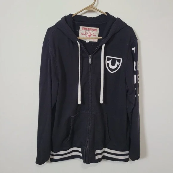 True Religion Large Zip Hoodie Mens Black White Horseshoe Graphic Logo Striped