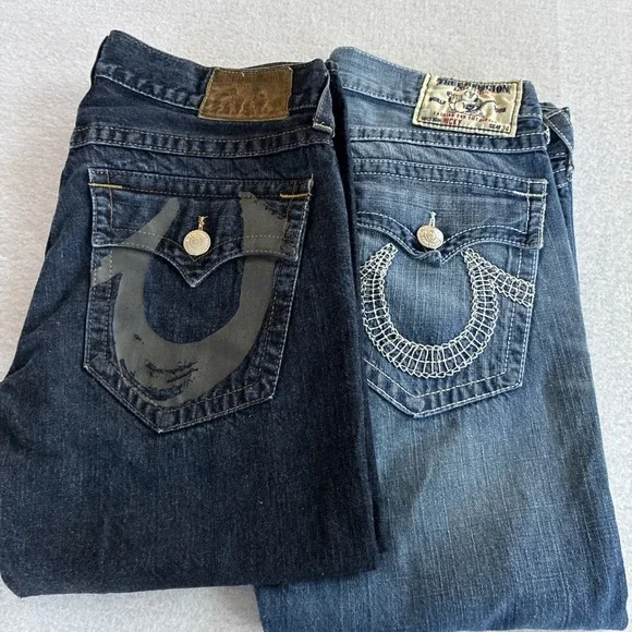 True Religion Ricky Blue Jeans Mens 36x26 (27) Flap Pocket Y2K Stitch Lot Of 2