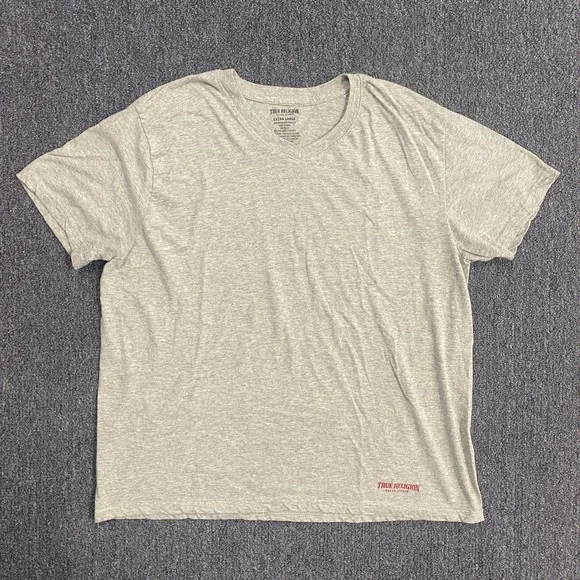 True Religion Tshirt Mens XL V-Neck Heather Gray Short Sleeve Logo Tee