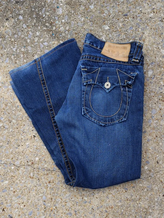True Religion Big T Joey Y2K Indigo Blue Bootcut Jeans with Signature Pocket