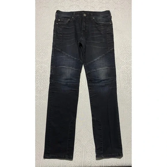 True Religion Rocco Relaxed Skinny Biker Moto Jeans Mens 32 Dark Wash Black Blue