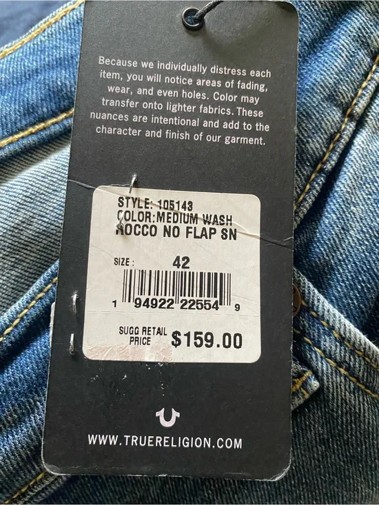 True Religion Men’s Rocco No Flap Medium Wash Jeans - Blue, Size 42