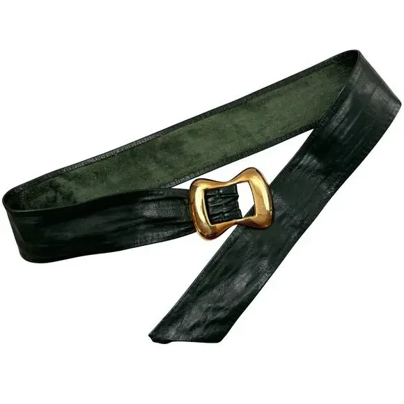 VTG Ceinture Emmanuel Canada Women Belt Green Genuine Leather Gold Brass Buckle