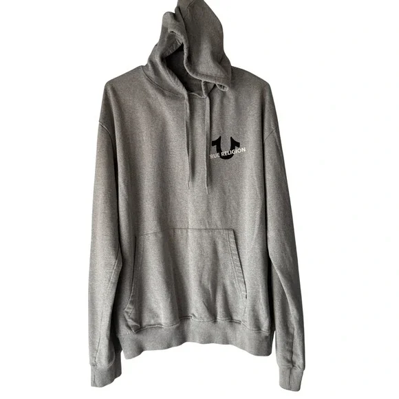 True Religion‎ Mens Grey Hoodie Sweatshirt XL Pullover Spell Out Graphic Logo
