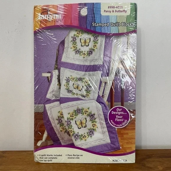 VTG Janlynn‎ 6 Pansy & Butterfly Stamped Quilt Blocks #998-4011 Made in the USA