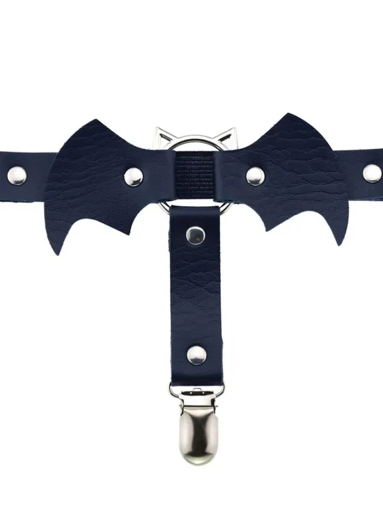 Bat Bow Faux Leather Garter Set Silver Hardware