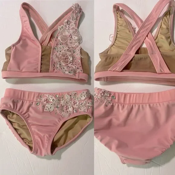 AA dance competition contemporary custom solo costume pink illusion 2 piece LC