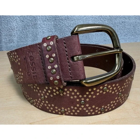 Fossil Studded Belt Womens Medium Burgundy Brown Leather Brass Rivets BT3704200