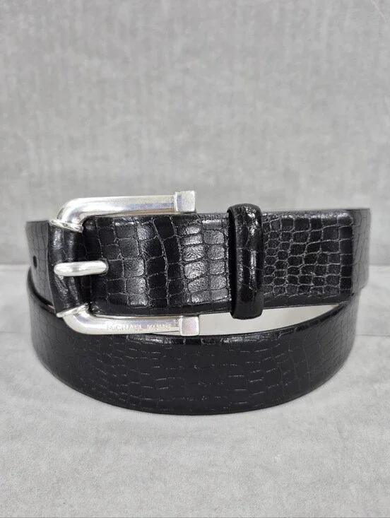 Michael Kors belt women's large black leather croc embossed silver buckle logo