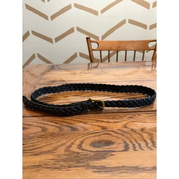 Gap Black Genuine Leather Braided Brass Tone‎ Buckle Interwoven Belt Size Large