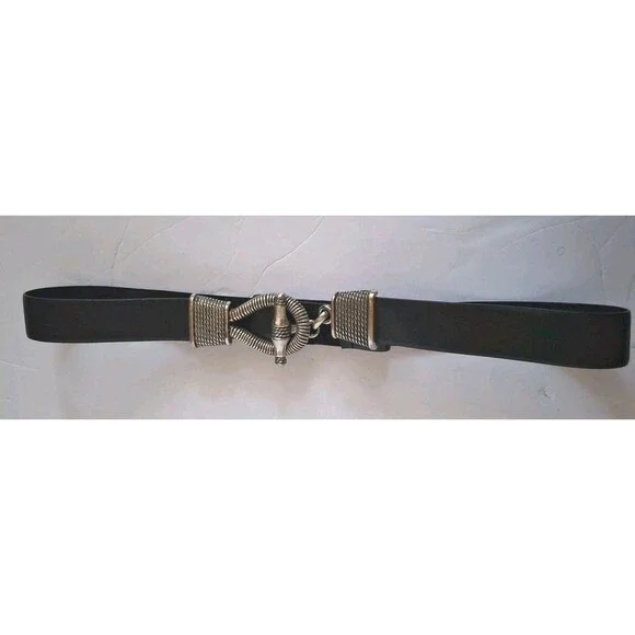 Chico's Black Leather Belt Size S/M with Silver Rope-Style Toggle Hook Buckle