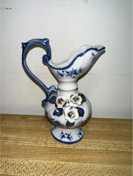 Vintage Ceramic Blue and White Floral Pitcher Vase