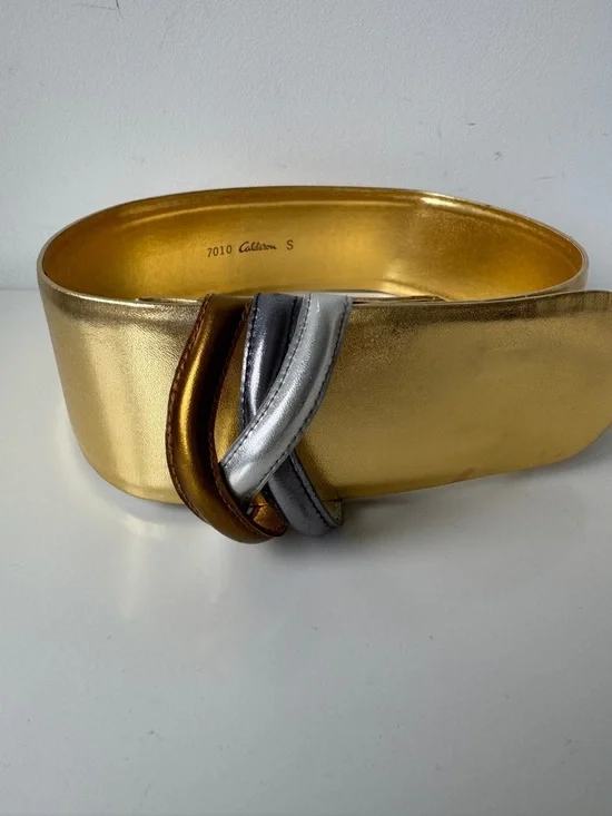 Vtg Calderon Leather Metallic Gold  Waist Belt with Silver and Bronze Accent
