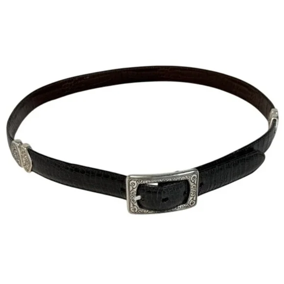 Brighton Black Croc Embossed Leather Belt Silver Scroll Buckle Size Large 30