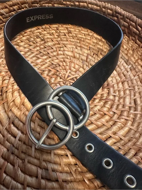 Express Black Leather Women's Belt with Double Silver Rings Size S