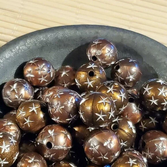 10 Vintage Retro Brown Silver Stars 12mm Round Acrylic Shabby Chic Beads