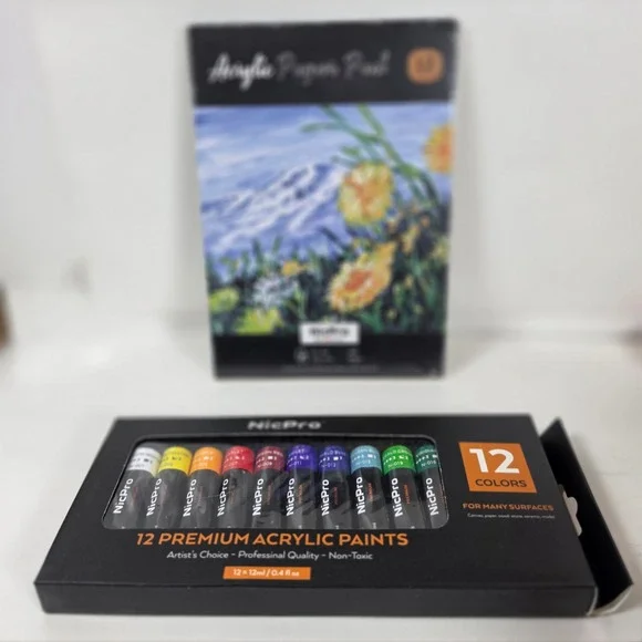 NicPro 12 Premium Acrylic Paint Set and 12 Sheet Acrylic Paper‎ Pad Art Kit