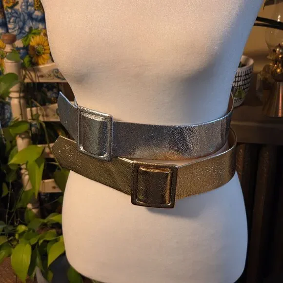 Vintage MCM Metallic Colored Slide Belts Silver & Gold Set Size Medium