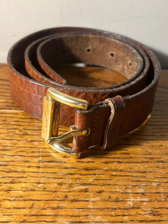 Women's Michael Kors Embossed Logo Brown Genuine Leather Belt with Gold Buckle