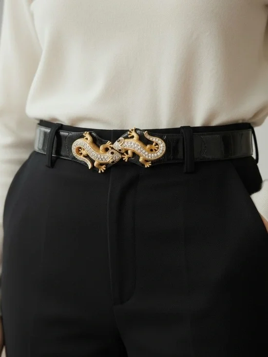 Judith Leiber Black Leather Belt with Gold Swarovski Crystal Lizard Buckle