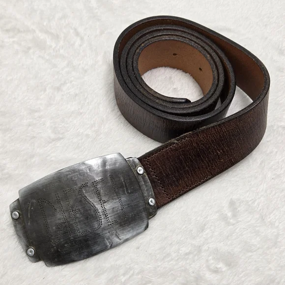 Diesel Vintage Dark Brown Belt with Distressed Silver Buckle Size‎ 36