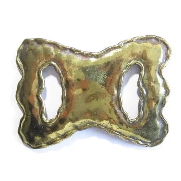 Vintage Brutalist Hammered Brass Belt Buckle Artisan‎ Wavy Organic Statement