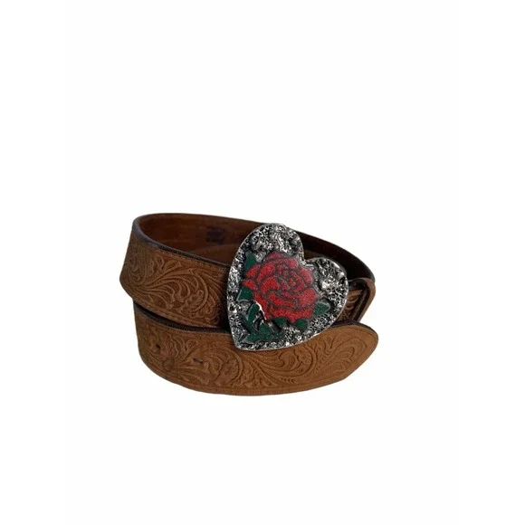 VTG Tony Lama Silver Heart Red Rose‎ Buckle Leather Embossed Western Belt C50739
