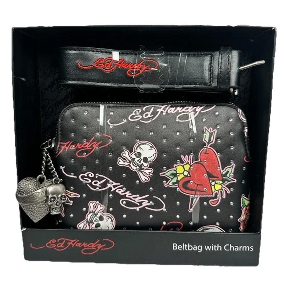 Ed Hardy Black Skull Heart Beltbag with Charms Studded Tattoo Print Boxed