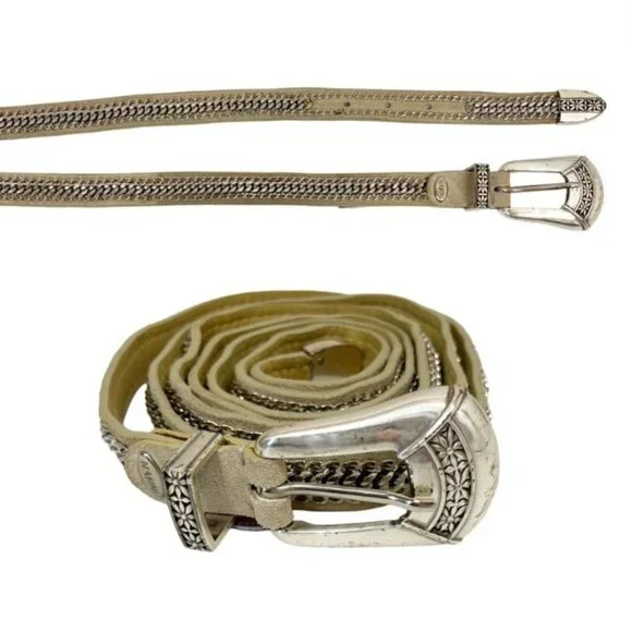 Nanni Genuine Leather Chain Link Belt‎ Silver Beige Italy - Women's Size 32 / 80