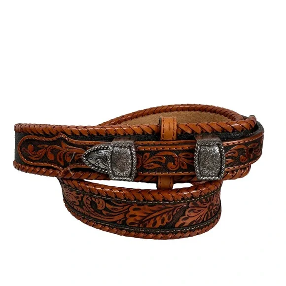 Brown Leather belt western‎ black tooled stitching Silver Buckle cowboy cowgirl