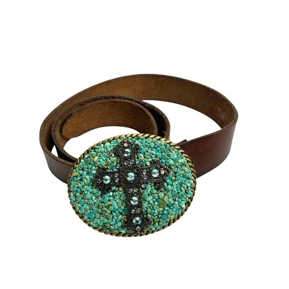 Vintage Leather Rhinestone statement belt Cross Turquoise‎ Size 36 boho western