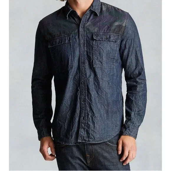 New Mens NWT True Religion Jeans Designer Denim Camo Shirt Button Down L Blue