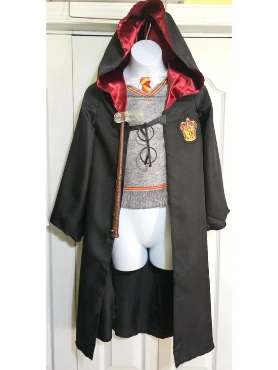Harry Potter Cloak Robe Costume Boys 7-8 Shirt Hooded Wand Glasses Gryffindor